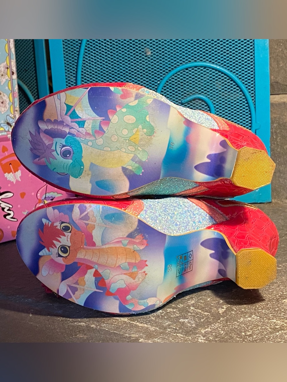 Irregular Choice sparkly Can-Can boots,hot pink patent,sky blue glitter,ribbon - Picture 15 of 16